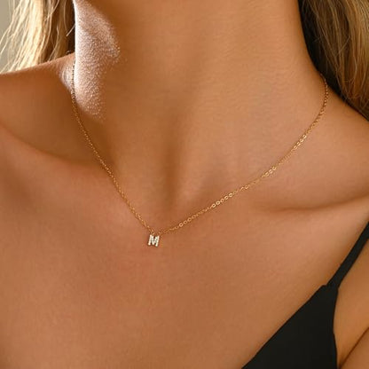 Small Letter Necklace for Women 18K Gold Plated Cubic Zirconia Tiny Initial Necklace Dainty Personalized Name Necklaces - color: M-Gold