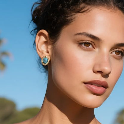 Jean Beau Chunky Gold Stone Stud Earrings for Women, Trendy Natural Gemstone Hypoallergenic Earing Valentine Jewelry Gift - color: Turquoise