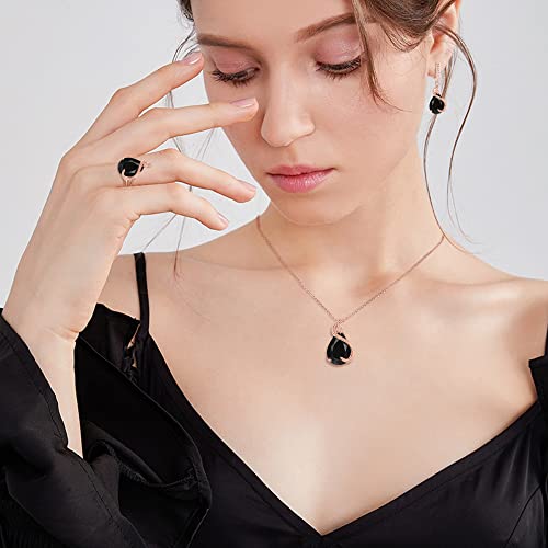 EVER FAITH Wedding Jewelry Set for Bride Bridesmaid, Glamour Teardrop Cubic Zirconia Pendant Necklace Earrings Tennis Bracelet Open Ring Sets for Birthday/Valentine's Day/Mother's Day/Christmas - color: A_Black Rose Gold-Plated-Brass