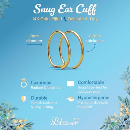 14K Gold Filled Ear Cuff – Tiny Non-Piercing Helix Hoop – Dainty Double Ear Wrap for Women – Hypoallergenic Cartilage Cuff