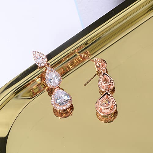 Women's Cubic Zirconia Bridal Earrings - Elegant Long Wedding Party Prom Earring for Bride Bridesmaids Crystal CZ Rhinestone Chandelier Statement Dangle Drop Earrings for Women - color: 14k rose gold plated