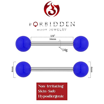 Forbidden Body Jewelry 14g 16mm (5/8 Inch) Hypoallergenic Titanium Double Ball Nipple & Tongue Ring Barbells - style: Blue