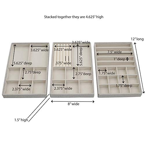 Household Essentials Grey Stacking Jewelry Organizer Box Tray Set with Removable Lid Fabric (744-1) - color: White