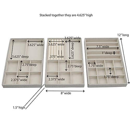 Household Essentials Grey Stacking Jewelry Organizer Box Tray Set with Removable Lid Fabric (744-1) - color: White
