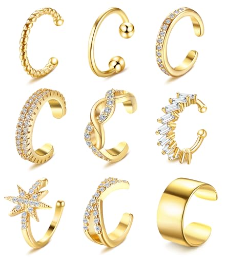 9Pcs Ear Cuff 14K Gold Plated Cuff Earrings Gold Ear Cuffs Non Pierced | Fake Conch Cartilage Earrings Ear-Clips Minimalist Non Piercing Delicate Clip-on Ear Cuffs Stackable Set - style: A-9pcs-Gold
