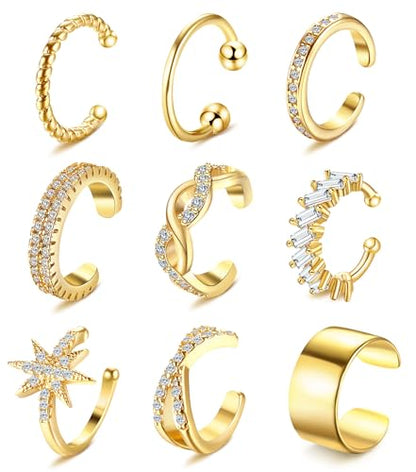 9Pcs Ear Cuff 14K Gold Plated Cuff Earrings Gold Ear Cuffs Non Pierced | Fake Conch Cartilage Earrings Ear-Clips Minimalist Non Piercing Delicate Clip-on Ear Cuffs Stackable Set - style: A-9pcs-Gold