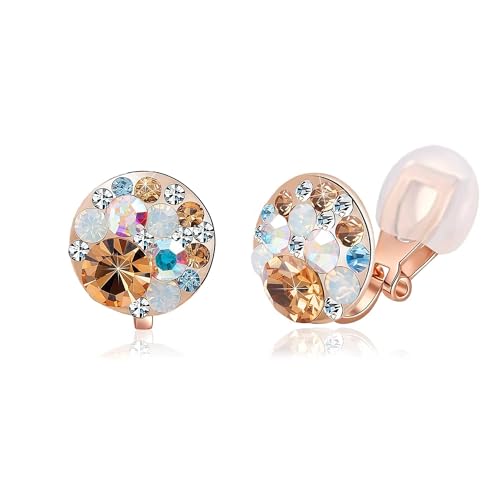 EVEVIC Multicolor Austrian Crystal Round Clip On Earrings for Women | 14K Gold Plated,Silicone Comfort Pad,Playful Colorful Crystal,Gift Box Included,Perfect for Daily Wear and Special Events - color: Golden Main Crystal/Rose Gold-tone