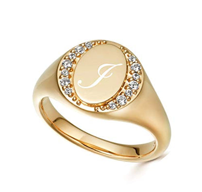 Custom Engraved Gold Rhinestone Signet Ring – Personalized Initial, Name, or Monogram Ring | Free Engraving - Ships From USA