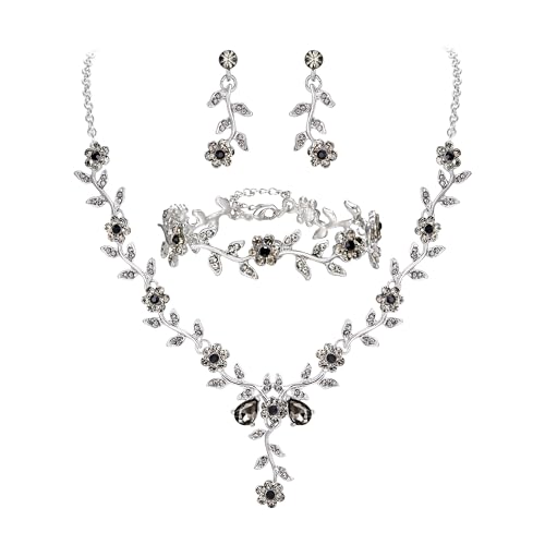 Women's Wedding Jewelry Set for Bride,Prom Bridal Accessories | Bling Crystal,Flower Leaf Cluster,Dangle Earrings Pendant Necklace Set,for Bridesmaid,Party Jewellery - color: 3Pcs-Grey Silver-Tone