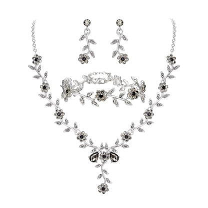 Women's Wedding Jewelry Set for Bride,Prom Bridal Accessories | Bling Crystal,Flower Leaf Cluster,Dangle Earrings Pendant Necklace Set,for Bridesmaid,Party Jewellery - color: 3Pcs-Grey Silver-Tone