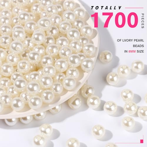 1700PCS Pearl Beads for Jewelry Making 8mm Big Jewelry Beads Bulk | Round Faux Pearls Beads with Holes for Bracelet Necklace Earrings Crafting - color: ivory(8mm)