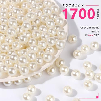 1700PCS Pearl Beads for Jewelry Making 8mm Big Jewelry Beads Bulk | Round Faux Pearls Beads with Holes for Bracelet Necklace Earrings Crafting - color: ivory(8mm)
