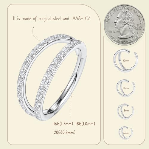 AROWRO Conch Piercing Jewelry Nose Rings Hoops Septum Cartilage Helix Rook | Surgical Steel Gold Silver Cartilage Earrings for Women Tragus Helix Piercing Jewelry 16G 18G 20G With Cubic Zirconia Opal - color: Silver-D1 Clear CZ, size: 16G(1.2mm)-10mm