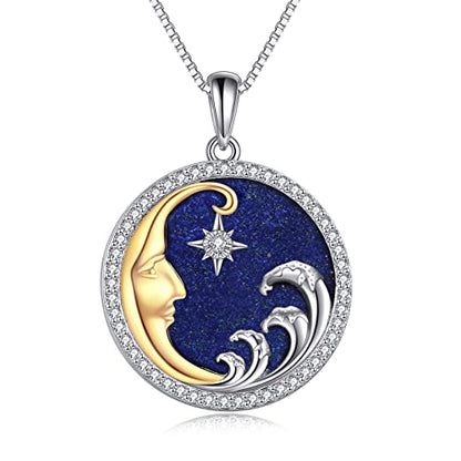 Moon/Lighthouse Necklace 925 Sterling Silver Abalone/Lapis Lazuli Lotus Flower Necklace for Women Crescent Jewelry Gift - style: Lapis Lazuli Moon