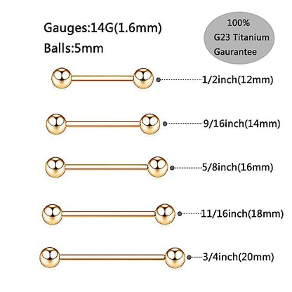 PEAKLINK Internally Threaded Nipple Rings Titanium Nipple Bars Piercing Jewelry 1 Pair Tongue Rings Eyebrow Jewelry Bridge Piercings - color: Gold Nipple Straight Barbell