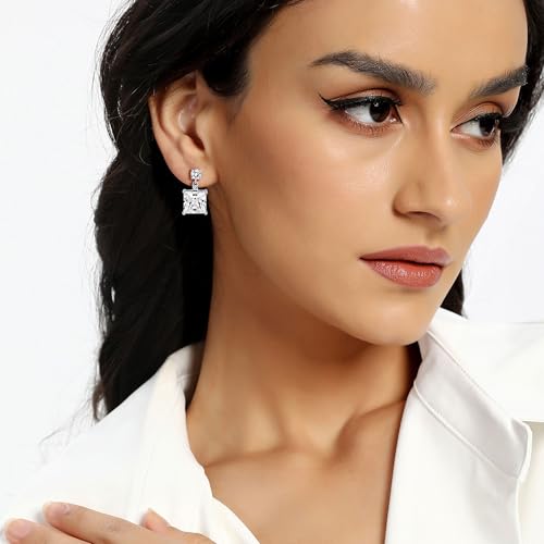 White Gold Earrings for Women Men Hoop and Stud Earring Set | Hypoallergenic 14K White Gold Plated Hoops Huggie Stud Earrings Set Round Cubic Zirconia Ear Jewelry - style: A6-White Gold-Hoop&Square Dangle Stud (4 Pairs)