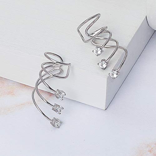 Triple Spiral CZ Curved Crawlers Wire Cubic Zirconia Cartilage Ear Cuff Pin Earring For Women Teen .925 Sterling Silver