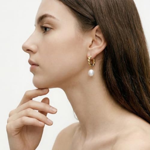 Pearl Earrings VeroSteel Dangle Earrings for Women, Dainty 14k Gold Huggie Hoop Earrings with Pearls, Trendy Pearl Drop Earrings, Stainless Steel Hypoallergenic Stud Earrings For Sensitive Ears - style: Half-Circle Braid
