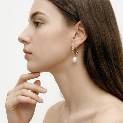 Pearl Earrings VeroSteel Dangle Earrings for Women, Dainty 14k Gold Huggie Hoop Earrings with Pearls, Trendy Pearl Drop Earrings, Stainless Steel Hypoallergenic Stud Earrings For Sensitive Ears - style: Half-Circle Braid
