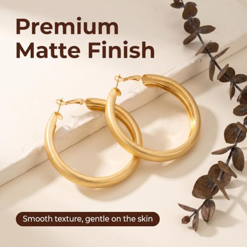 Hoop Earrings for Women, Hypoallergenic Stainless Steel Lightweight Thin Large Big Hoops Earrings Set for Women, Non Tarnish for Jewelry Gift 40MM - color: Gold Matte Chunky Hoop Earrings