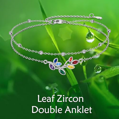Four Leaf Clover/Chakra Leaf Anklets 925 Sterling Silver Double Layered Chain Women's Anklets Jewelry Gifts - style: Chakra Leaf Anklets