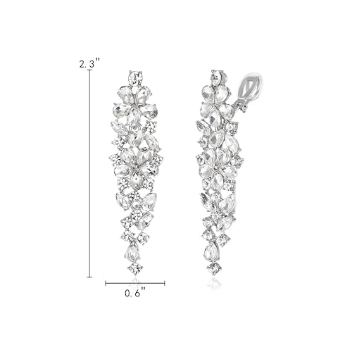 EleQueen Women's Sparkle Statement Clip-On Chandelier Earrings | Marquise Crystals Earrings for Women, Art Deco Prom Jewelry for Wedding Bride Bridesmaid - color: White Silver-Tone