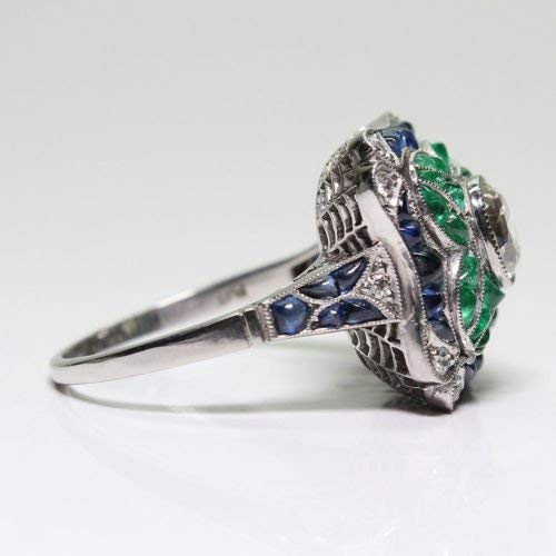 Yuren 925 Sterling Silver Vintage Emerald Ring Blue Sapphire White Topaz Ring Women Wedding Fashion Jewelry Size 6-10