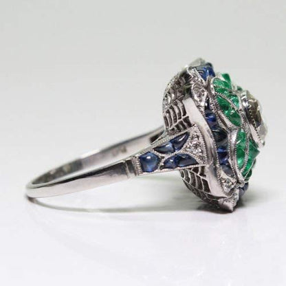 Yuren 925 Sterling Silver Vintage Emerald Ring Blue Sapphire White Topaz Ring Women Wedding Fashion Jewelry Size 6-10
