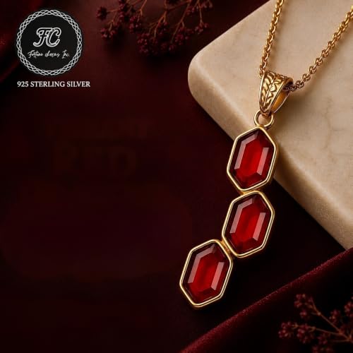 FCI 925 Sterling Silver Gold Plated Natural Carnelian Pendant – Triple Faceted Stone Artisan Design for Women, Premium Fine Gift