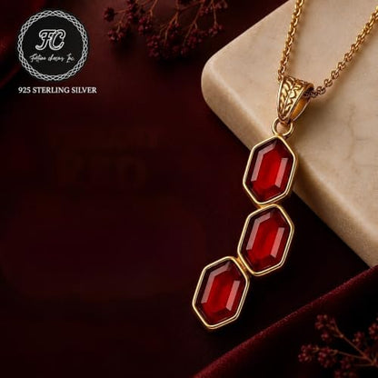 FCI 925 Sterling Silver Gold Plated Natural Carnelian Pendant – Triple Faceted Stone Artisan Design for Women, Premium Fine Gift