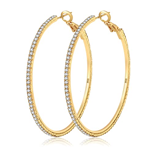 925 Sterling Silver Earrings Large Rhinestone Hoop Earrings Big Cubic Zirconia Hoop Earrings Thin Rhinestones Round Hoop Earrings for Women 20/30/40/50/60/70mm Sparkly Hoops With Crystals for Womens - color: Gold,60mm