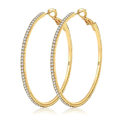 925 Sterling Silver Earrings Large Rhinestone Hoop Earrings Big Cubic Zirconia Hoop Earrings Thin Rhinestones Round Hoop Earrings for Women 20/30/40/50/60/70mm Sparkly Hoops With Crystals for Womens - color: Gold,60mm