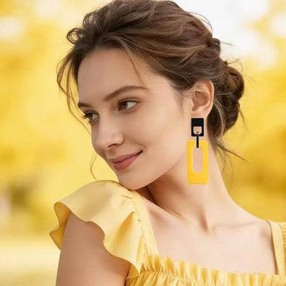 Boho Lightweight Retro Simple Acrylic Splicing Rectangle Earrings for Women Creative Exaggerated Statement Dangle Drop Earrings Jewelry - color: Black Yellow