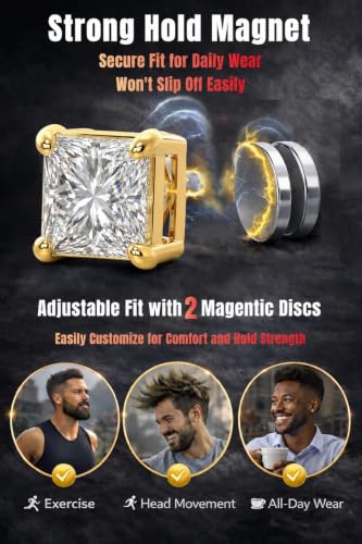 Magnetic Earrings for Men 5A Cubic Zirconia Stainless Steel Clip On Earring | 2 Pairs Fake Earrings Non Pierced Magnet Nose Stud Piercings for Women, 5/6/7/8MM Simulated Diamond, Gold/Silver/Black Color - color: Gold-Style Two-6mm