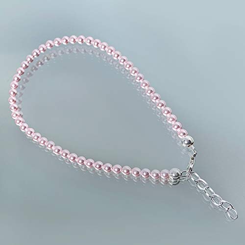 Gem Avenue .925 Silver Round Faux Pearl Adjustable Anklet with 9 to 10 inch Long - color: Pink
