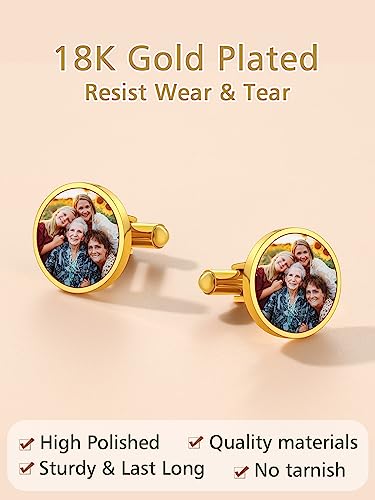FindChic Stainless Steel Round Cufflinks with Custom Text/Picture/Monogram Letters 18K Gold Plated/Black Color for Men Groom Suits Shirts, with Gift Box - style: 02. custom photo-round (gold plated)