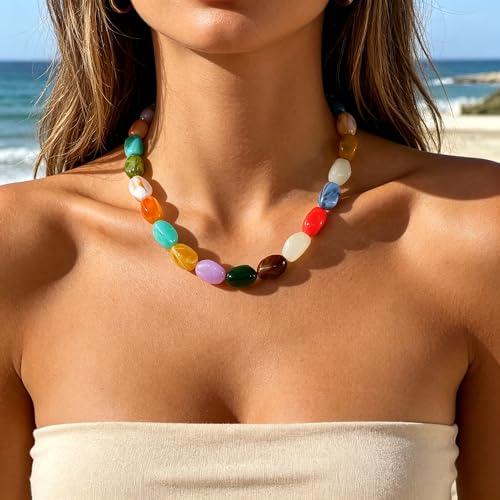 YUJIE Chunky Heart Pendant Necklace for Women- Exaggerated Statement Puff Heart Necklace with Acrylic Beaded Chain - color: A-Multi colour bead