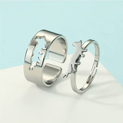 2PCS Matching Cute Animals Promise Engagement Rings for Couples Men Women Jewelry Band Sets 316L Stainless Steel Adjustable Open Ring - color: Fox-s