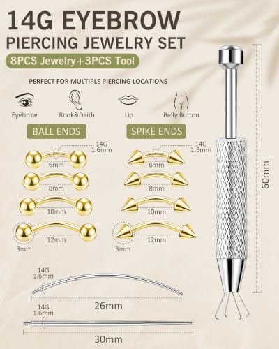 11Pcs Eyebrow Piercing Jewelry with Grabber Tool 14G/16G Stainless Steel Curved Barbell Eyebrow Jewelry Hypoallergenic Eyebrow Rings Rook Vertical Labret Navel Daith Lip Helix Conch Daith for Women Men 6mm/8mm/10mm/12mm - color: Gold, size: 14G