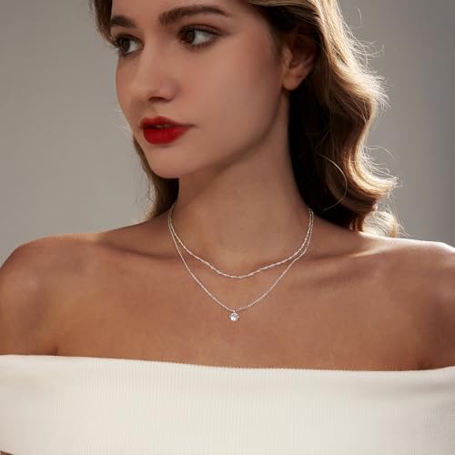 Zeffy Diamond Necklaces for Women, Dainty Gold Necklace 18k Gold Plated Layered Necklaces Simple Gold CZ Diamond Pendant Necklaces for Women Trendy Jewelry Gifts for Girls - color: Silver CZ Layered Necklace