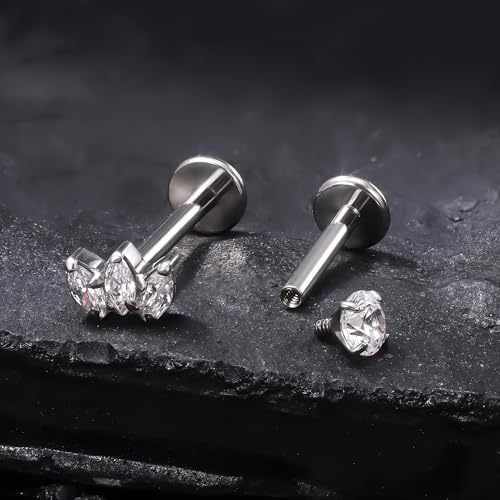 Titanium Flat Back Lip Rings Internally Threaded Earrings Studs Nose Rings 16G Opal CZ Tragus Cartilage Lobe Rook Helix Conch Labret Medusa Piercing Jewelry for Women Men W Piercing Taper Set - style: Three CZ