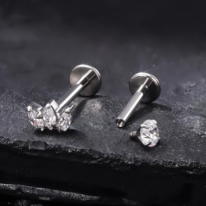 Titanium Flat Back Lip Rings Internally Threaded Earrings Studs Nose Rings 16G Opal CZ Tragus Cartilage Lobe Rook Helix Conch Labret Medusa Piercing Jewelry for Women Men W Piercing Taper Set - style: Three CZ