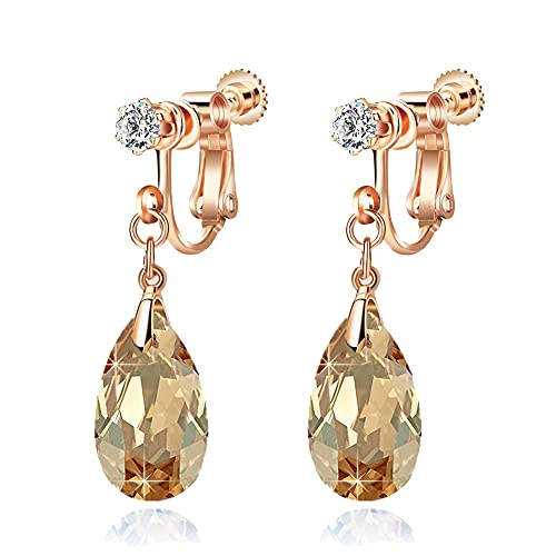EVEVIC Austrian Crystal Teardrop Clip On Drop Earrings for Women | Adjustable Screw-Back Fit, 14K Rose Gold-Plated, Soft Silicone Pads Included, Comfortable For Pierced Or Non-Pierced Ears - color: Topaz