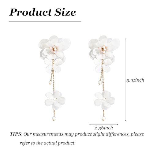 Flower Earrings for Women Long Fabric Flower Tassel Earrings Bohemian Handmade Floral Statement Earring Wedding Prom Jewelry Gifts - color: A1：white