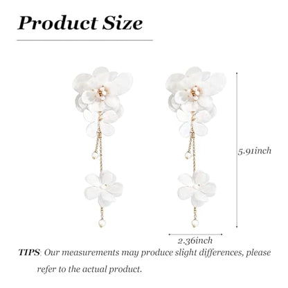 Flower Earrings for Women Long Fabric Flower Tassel Earrings Bohemian Handmade Floral Statement Earring Wedding Prom Jewelry Gifts - color: A1：white
