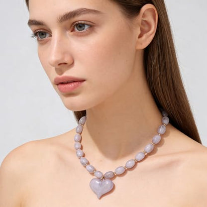 Chunky Beaded Necklaces for Women Trendy Colorful Acrylic Bead Statement Necklace Puffy Heart Pendent Necklaces for Women Boho Fashion Jewelry - color: E-light grey