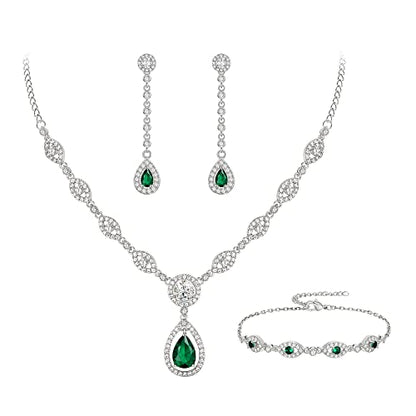 EVER FAITH Bridal Jewelry Set for Women, Stunning Teardrop Cubic Zirconia Birthstone Necklace Bracelet Earrings Sets Gift for Mothers Day/Valentines/Birthday/Christmas - color: Green