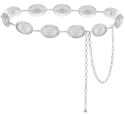 Women's Concho Chain Belt Western Cowgirl Metal Waist Chain | Belt for Dress - color: A Silver, size: M: 47.2 in