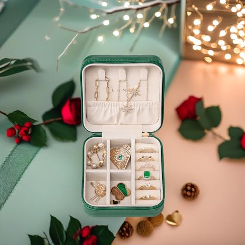 VLANDO Small Travel Jewelry Box Organizer Display Case for Girls Women Gift Rings Earrings Necklaces Storage, Dark Green - color: Dark Green