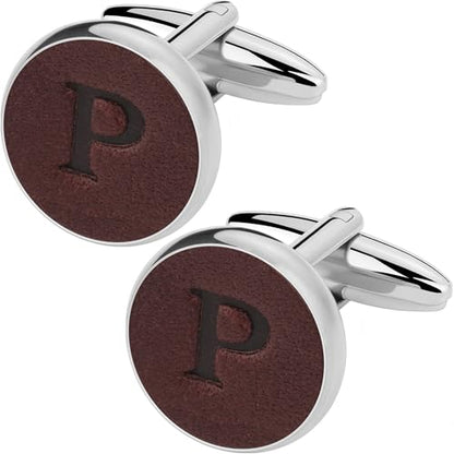 Silver Rose Gold Cuff Links Men, Leather Stainless Steel Cufflinks for Men Initial Letter Personalized Cuff Links with Gift Box for Groom Husband Father - style: Letter P
